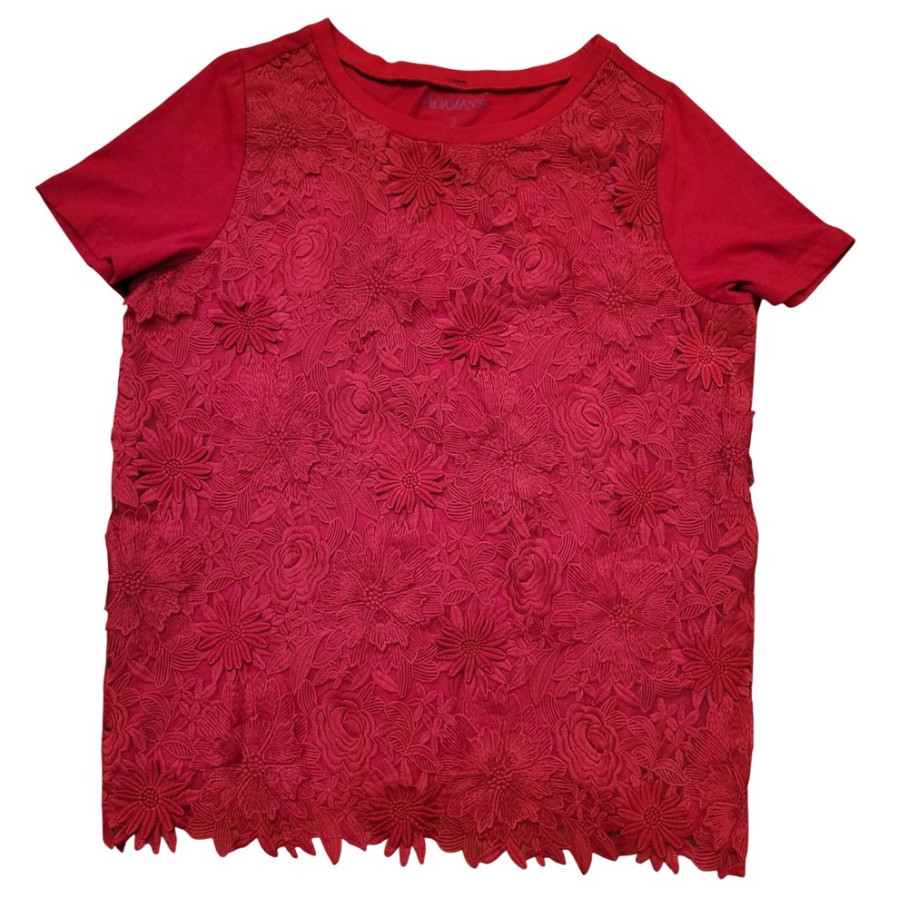 Roamans S 12 Short Sleeve Top Red Floral Lace Overlay Crew Neck Romantic 3D
